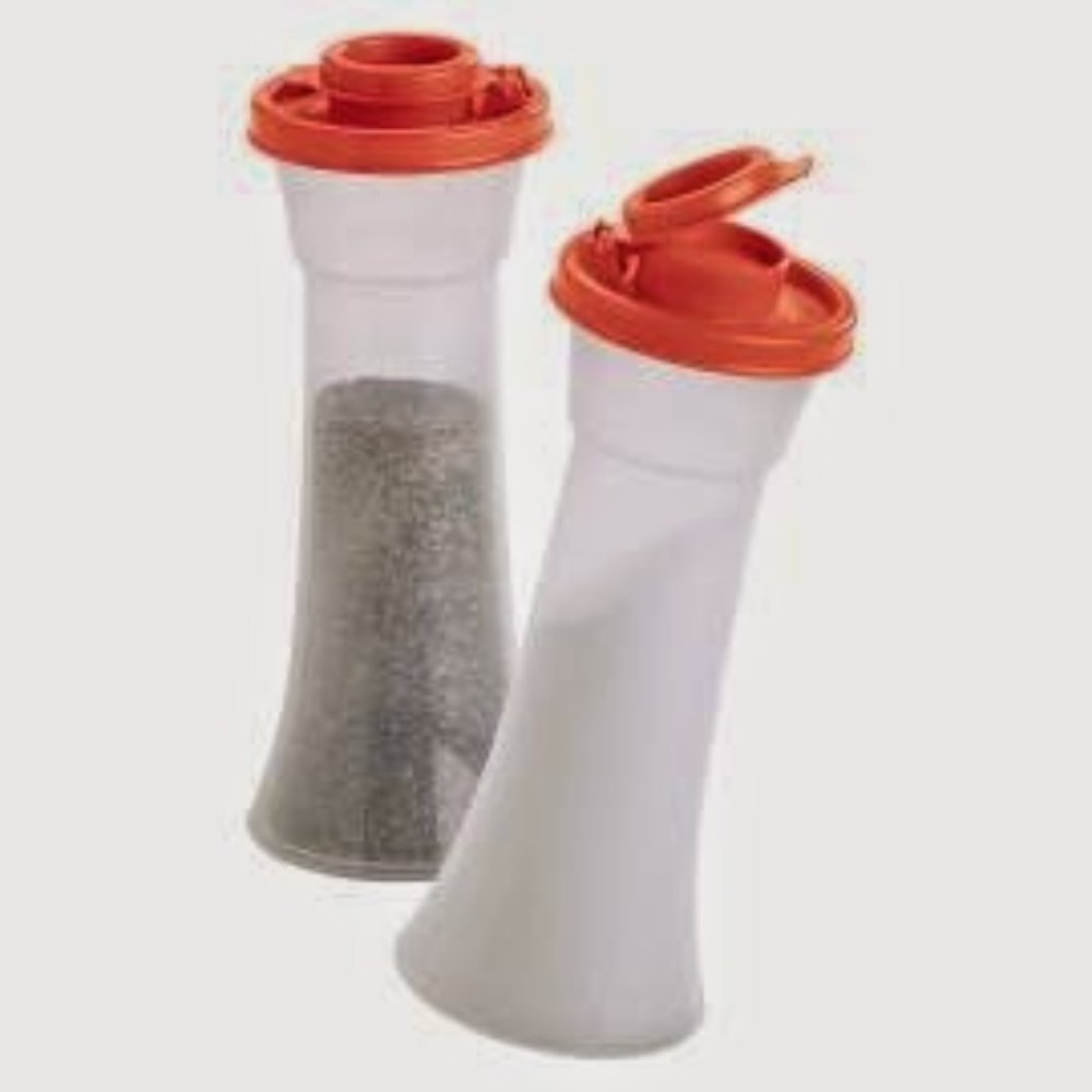NEW Tupperware Large Hourglass Salt & Pepper Shakers red seals any spices